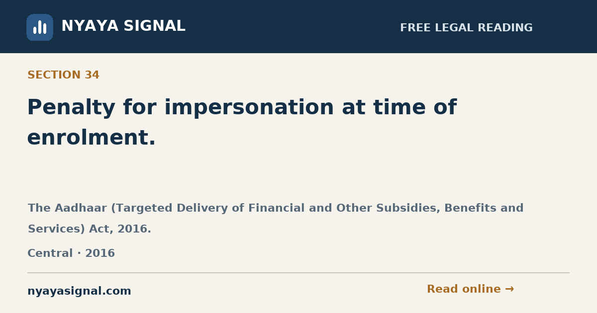 Section 34 — Penalty for impersonation at time of enrolment. | The Aadhaar (Targeted Delivery of Financial and Other Subsidies, Benefits and Services) Act, 2016. | NYAYA SIGNAL