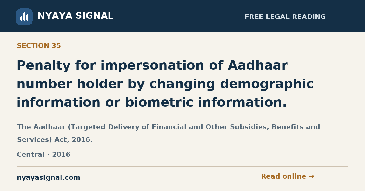 Section 35 — Penalty for impersonation of Aadhaar number holder by changing demographic information or biometric information. | The Aadhaar (Targeted Delivery of Financial and Other Subsidies, Benefits and Services) Act, 2016. | NYAYA SIGNAL