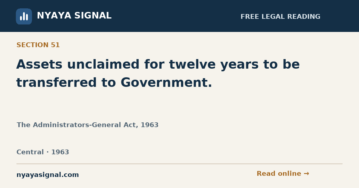 Section 51 — Assets unclaimed for twelve years to be transferred to Government. | The Administrators-General Act, 1963 | NYAYA SIGNAL