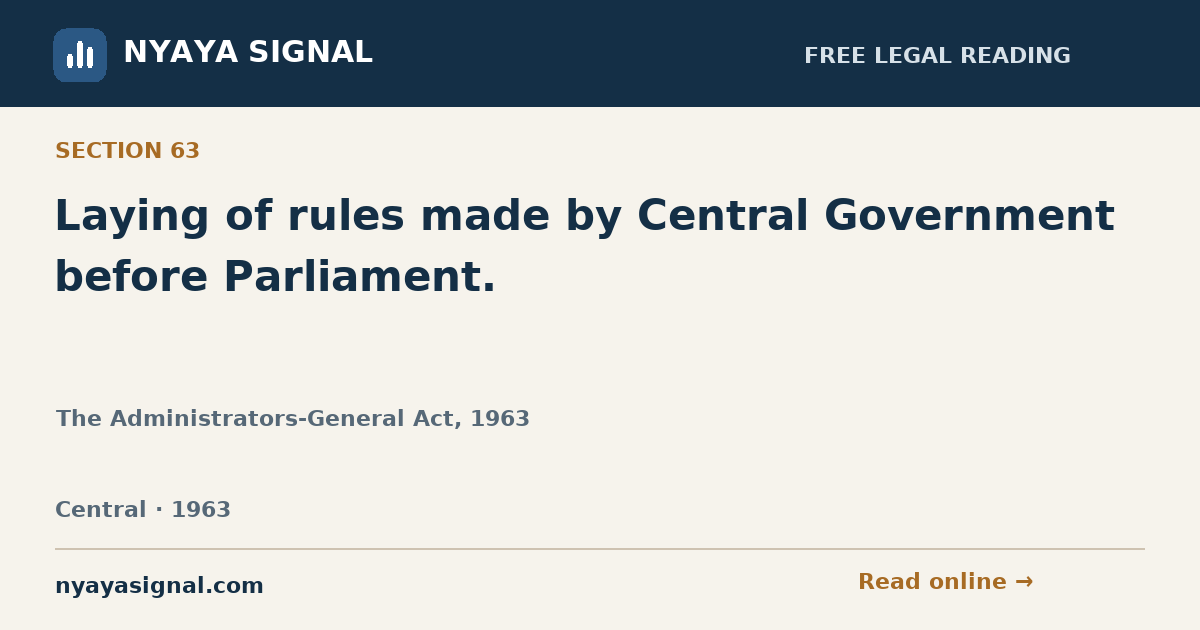 Section 63 — Laying of rules made by Central Government before Parliament. | The Administrators-General Act, 1963 | NYAYA SIGNAL