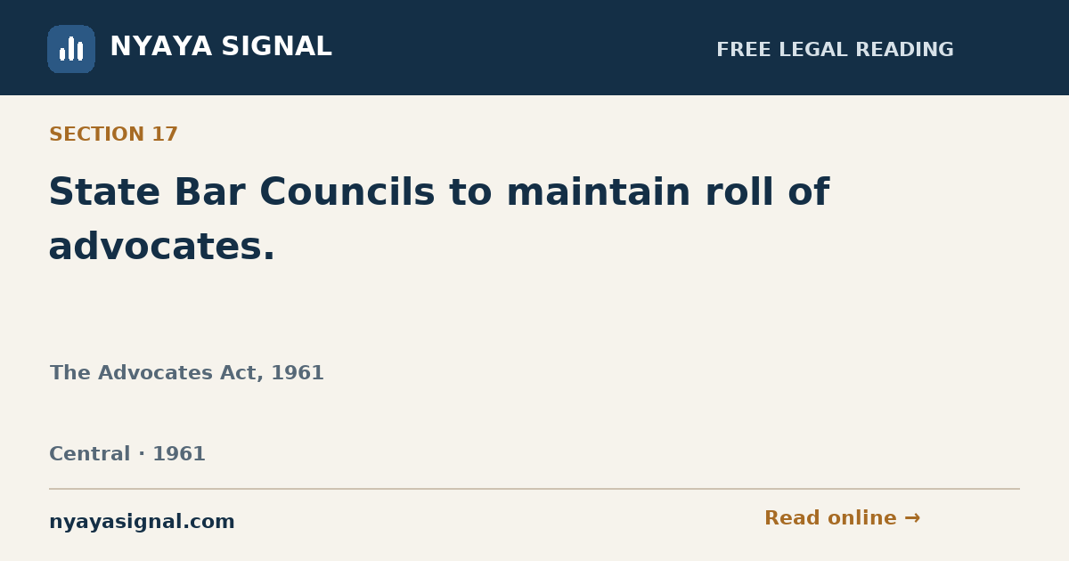 Section 17 — State Bar Councils to maintain roll of advocates. | The Advocates Act, 1961 | NYAYA SIGNAL