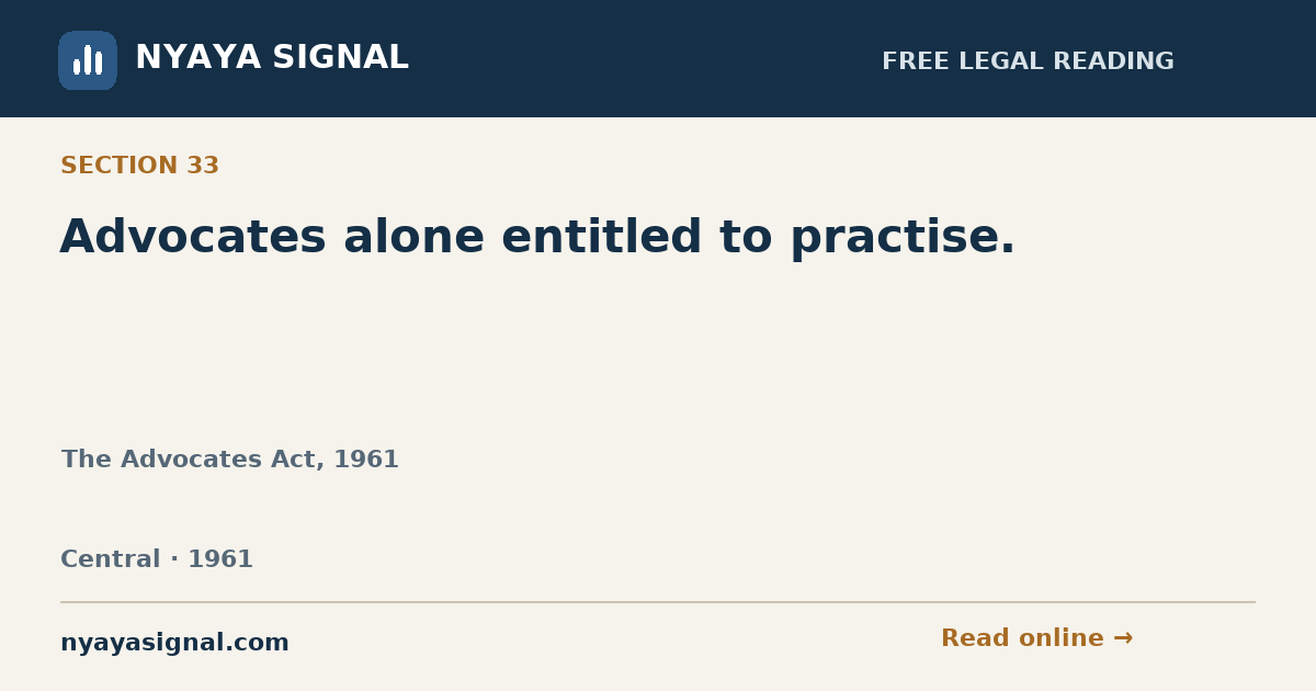 Section 33 — Advocates alone entitled to practise. | The Advocates Act, 1961 | NYAYA SIGNAL