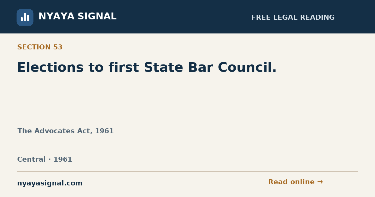 Section 53 — Elections to first State Bar Council. | The Advocates Act, 1961 | NYAYA SIGNAL