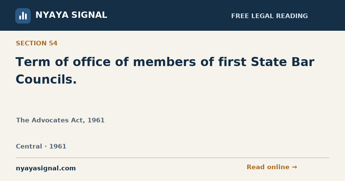 Section 54 — Term of office of members of first State Bar Councils. | The Advocates Act, 1961 | NYAYA SIGNAL