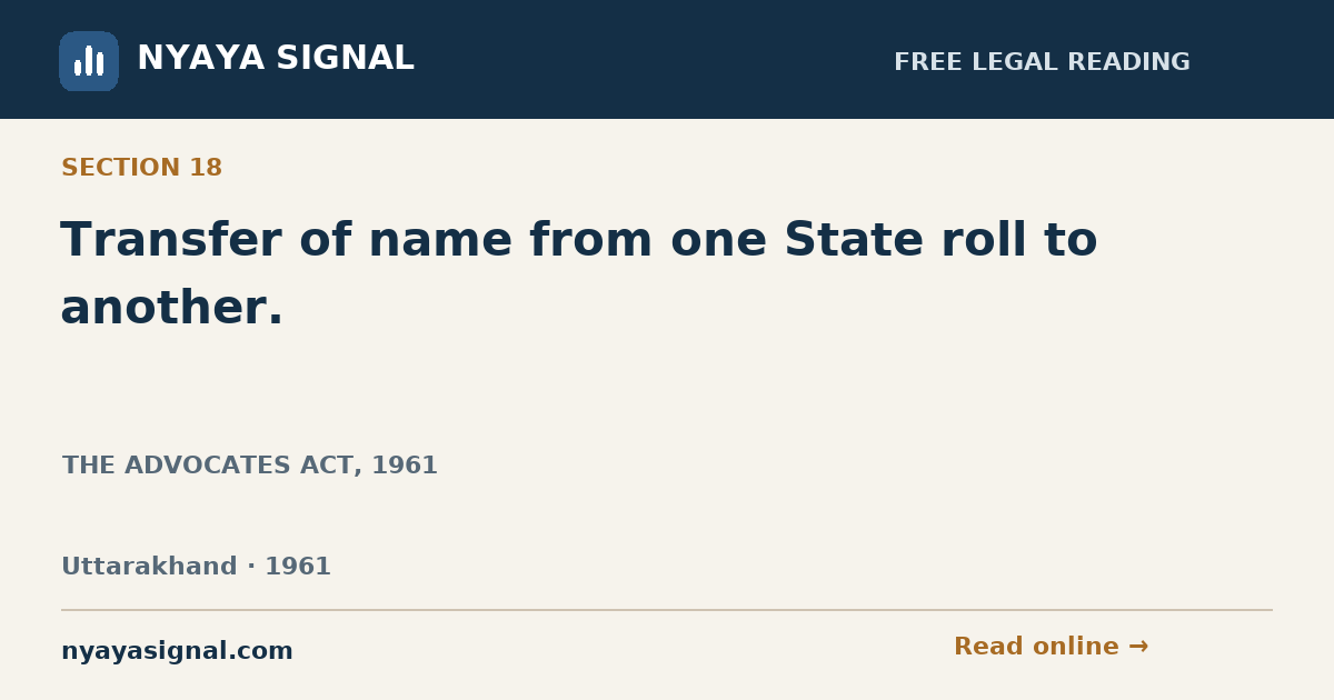 Section 18 — Transfer of name from one State roll to another. | THE ADVOCATES ACT, 1961 | NYAYA SIGNAL