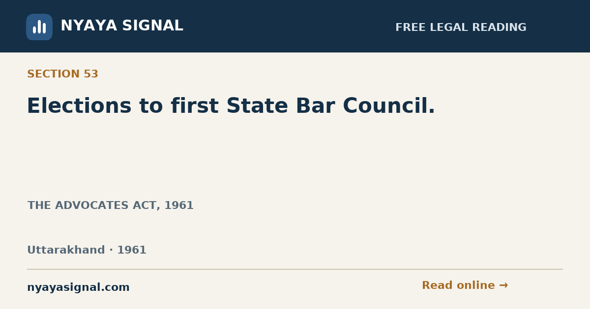 Section 53 — Elections to first State Bar Council. | THE ADVOCATES ACT, 1961 | NYAYA SIGNAL