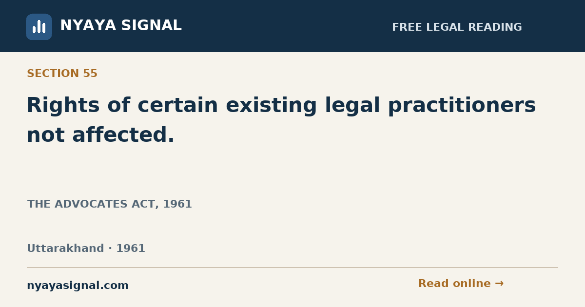 Section 55 — Rights of certain existing legal practitioners not affected. | THE ADVOCATES ACT, 1961 | NYAYA SIGNAL