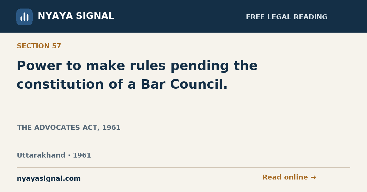 Section 57 — Power to make rules pending the constitution of a Bar Council. | THE ADVOCATES ACT, 1961 | NYAYA SIGNAL