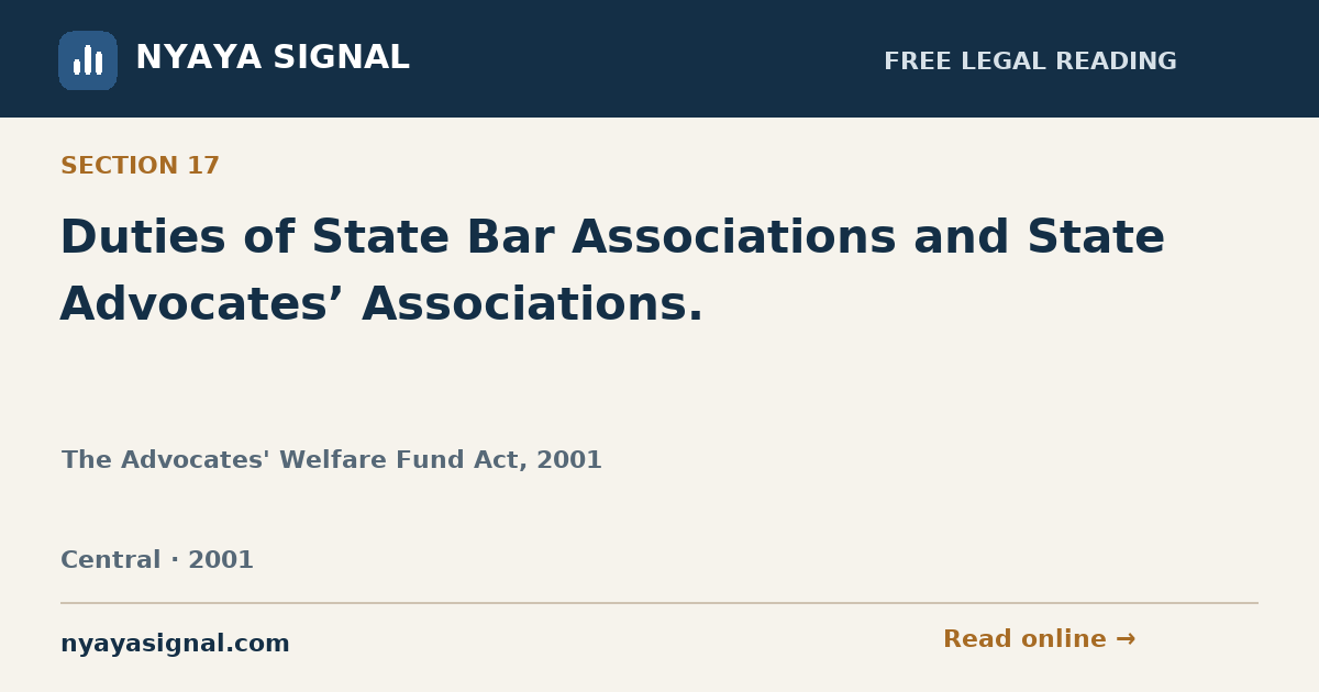 Section 17 — Duties of State Bar Associations and State Advocates’ Associations. | The Advocates' Welfare Fund Act, 2001 | NYAYA SIGNAL