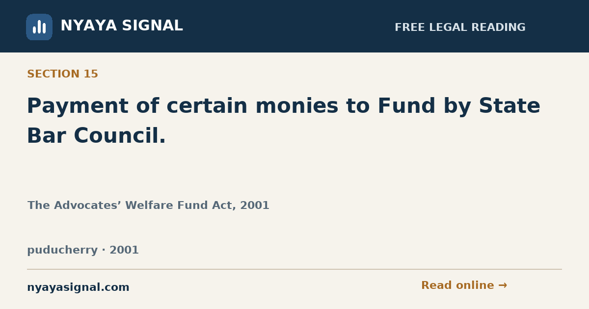 Section 15 — Payment of certain monies to Fund by State Bar Council. | The Advocates’ Welfare Fund Act, 2001 | NYAYA SIGNAL