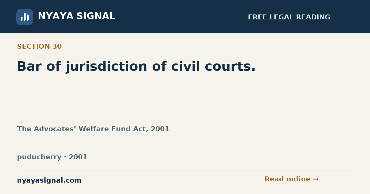 Section 30 — Bar of jurisdiction of civil courts. | The Advocates’ Welfare Fund Act, 2001 | NYAYA SIGNAL