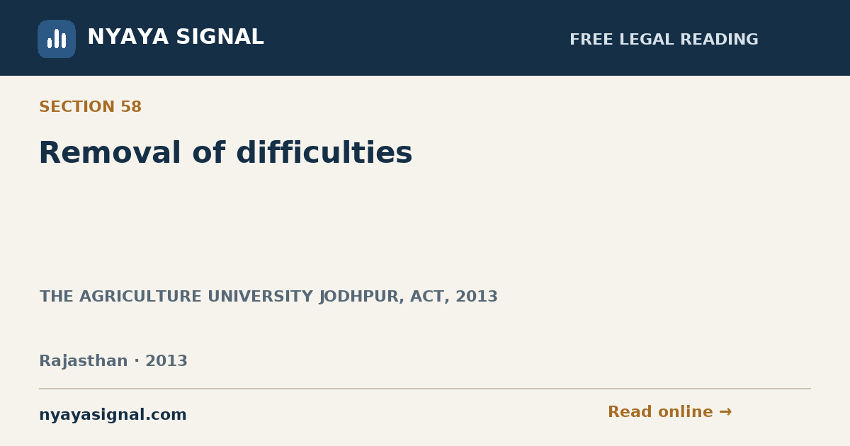 Section 58 — Removal of difficulties | THE AGRICULTURE UNIVERSITY JODHPUR, ACT, 2013 | NYAYA SIGNAL