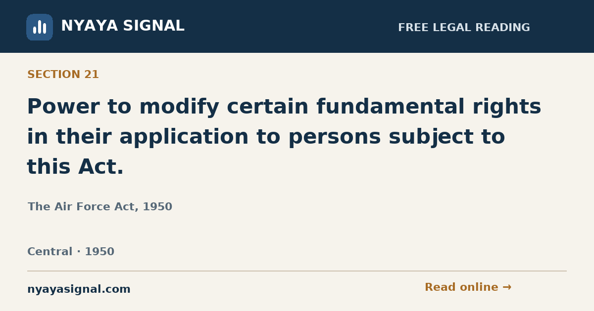 Section 21 — Power to modify certain fundamental rights in their application to persons subject to this Act. | The Air Force Act, 1950 | NYAYA SIGNAL