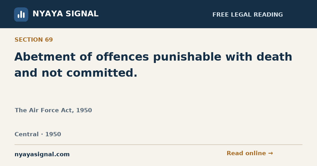 Section 69 — Abetment of offences punishable with death and not committed. | The Air Force Act, 1950 | NYAYA SIGNAL