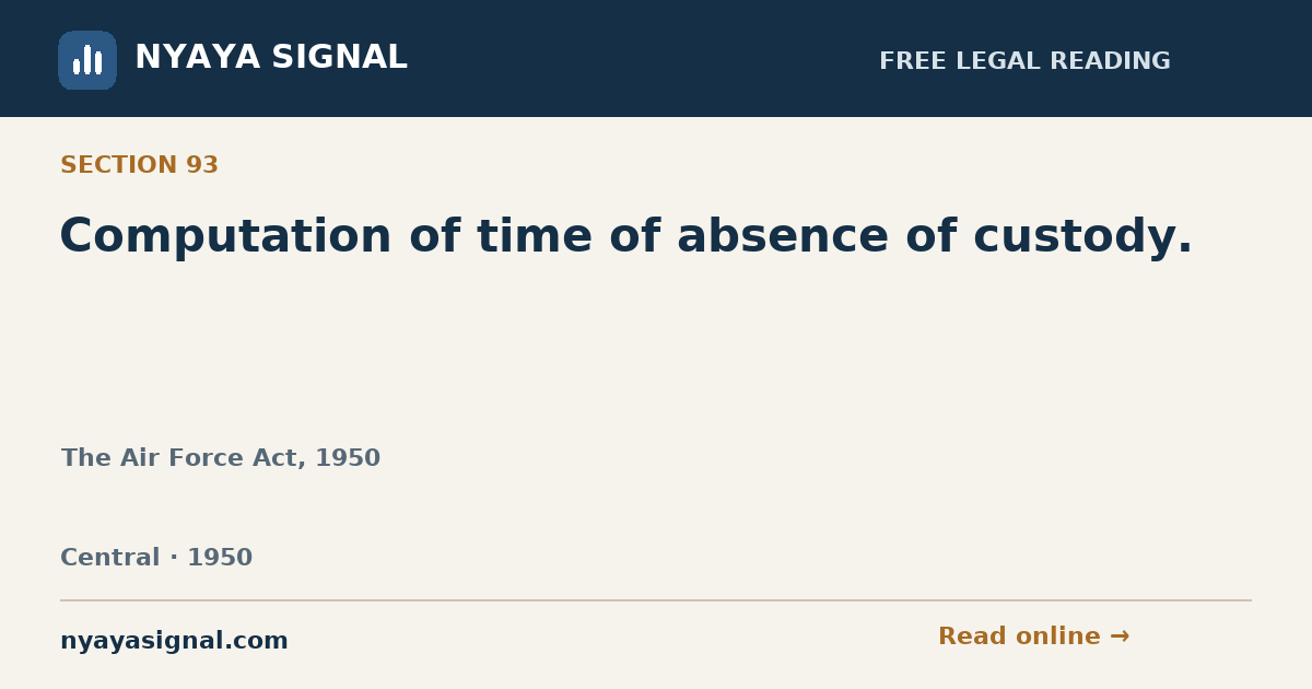 Section 93 — Computation of time of absence of custody. | The Air Force Act, 1950 | NYAYA SIGNAL