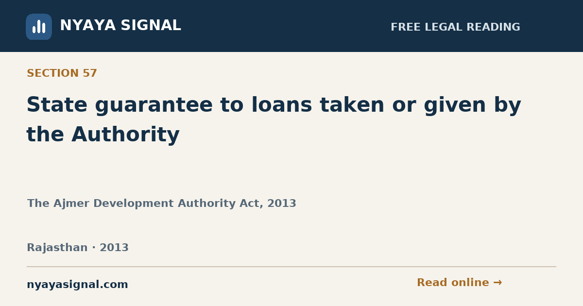 Section 57 — State guarantee to loans taken or given by the Authority | The Ajmer Development Authority Act, 2013 | NYAYA SIGNAL