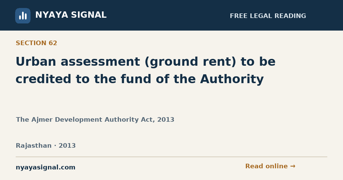 Section 62 — Urban assessment (ground rent) to be credited to the fund of the Authority | The Ajmer Development Authority Act, 2013 | NYAYA SIGNAL
