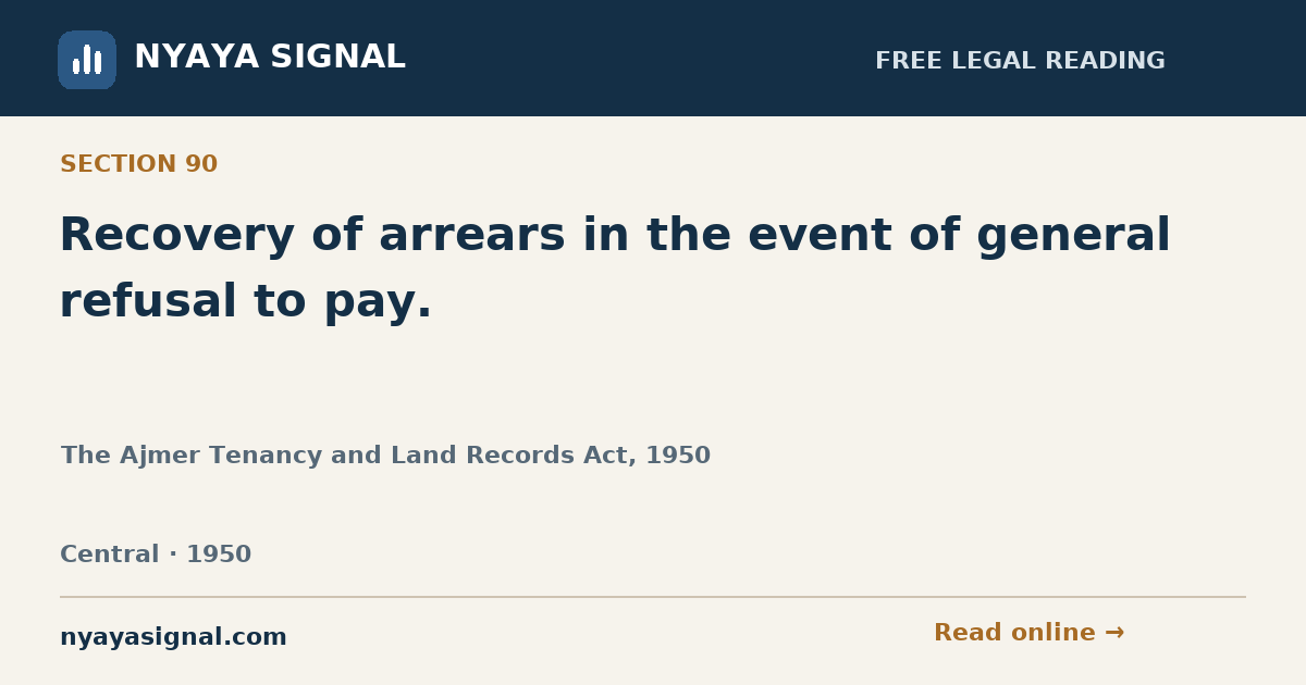 Section 90 — Recovery of arrears in the event of general refusal to pay. | The Ajmer Tenancy and Land Records Act, 1950 | NYAYA SIGNAL