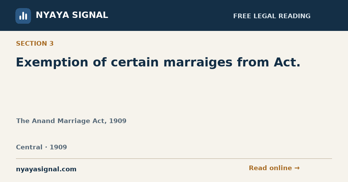 Section 3 — Exemption of certain marraiges from Act. | The Anand Marriage Act, 1909 | NYAYA SIGNAL