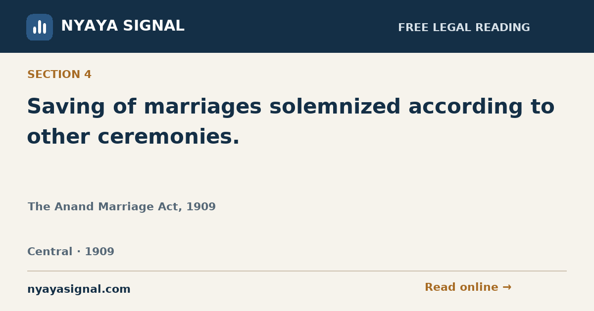 Section 4 — Saving of marriages solemnized according to other ceremonies. | The Anand Marriage Act, 1909 | NYAYA SIGNAL