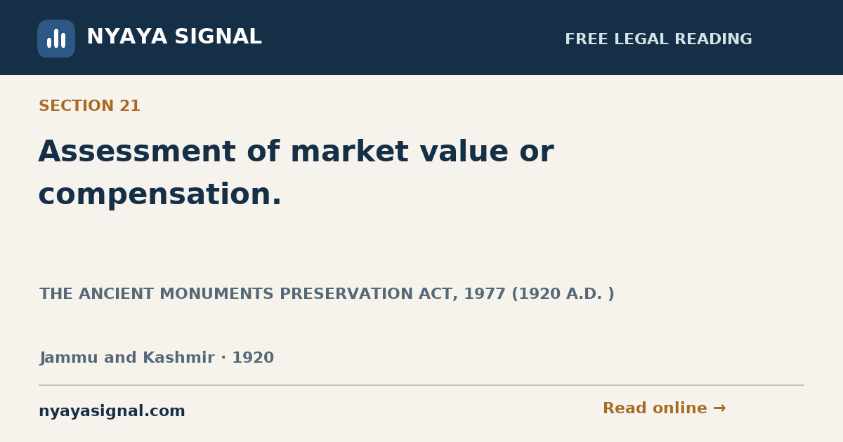 Section 21 — Assessment of market value or compensation. | THE ANCIENT MONUMENTS PRESERVATION ACT, 1977 (1920 A.D. ) | NYAYA SIGNAL