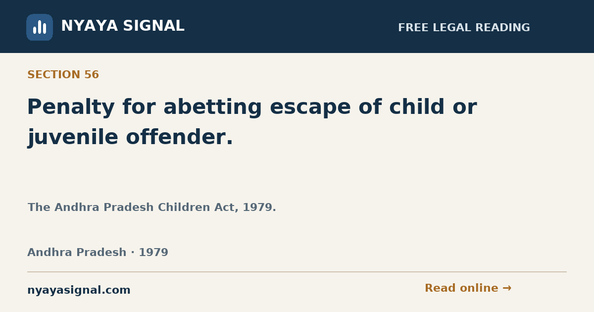 Section 56 — Penalty for abetting escape of child or juvenile offender. | The Andhra Pradesh Children Act, 1979. | NYAYA SIGNAL