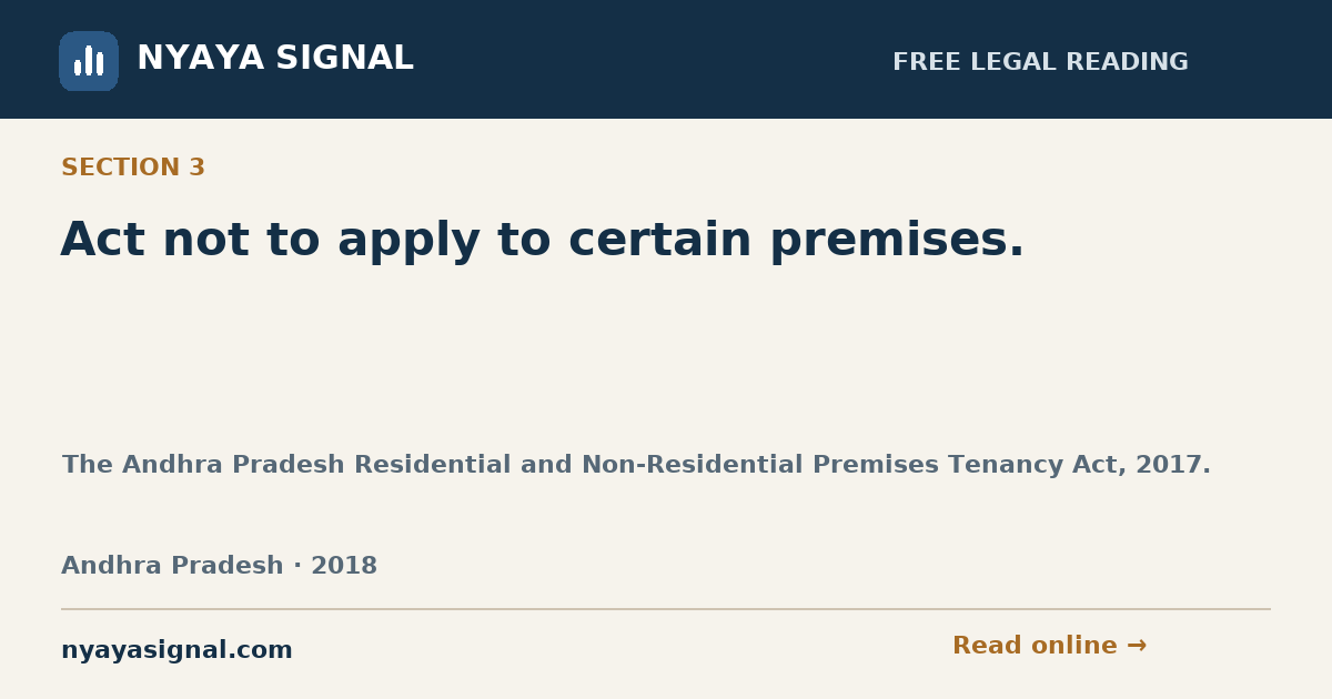 Section 3 — Act not to apply to certain premises. | The Andhra Pradesh Residential and Non-Residential Premises Tenancy Act, 2017. | NYAYA SIGNAL