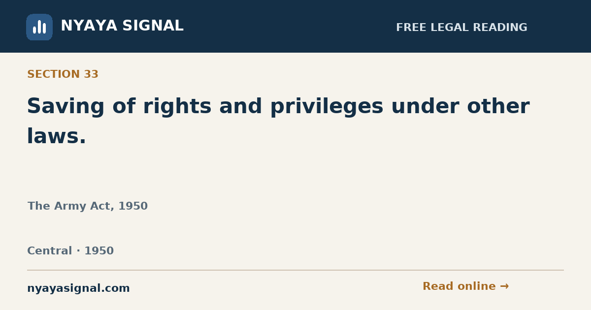 Section 33 — Saving of rights and privileges under other laws. | The Army Act, 1950 | NYAYA SIGNAL