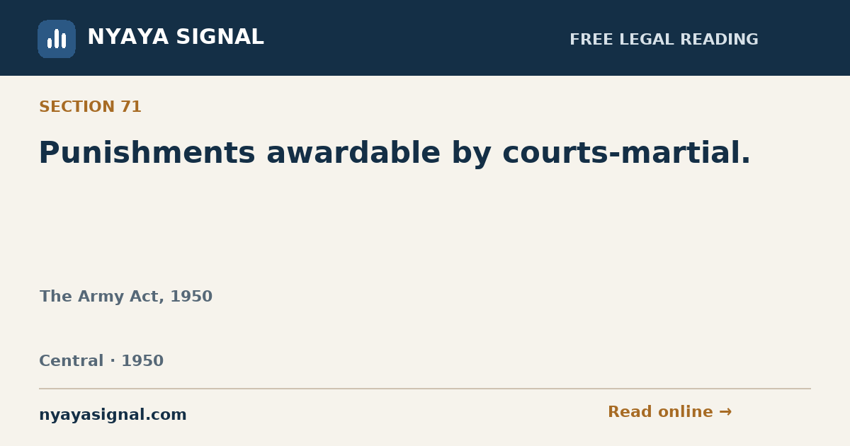 Section 71 — Punishments awardable by courts-martial. | The Army Act, 1950 | NYAYA SIGNAL