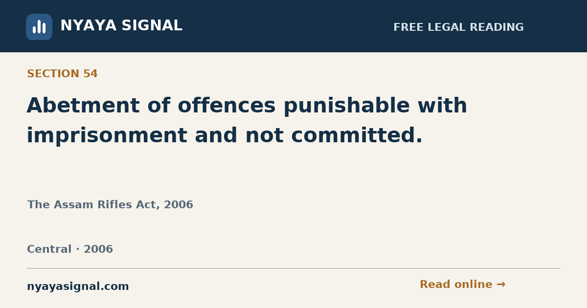 Section 54 — Abetment of offences punishable with imprisonment and not committed. | The Assam Rifles Act, 2006 | NYAYA SIGNAL