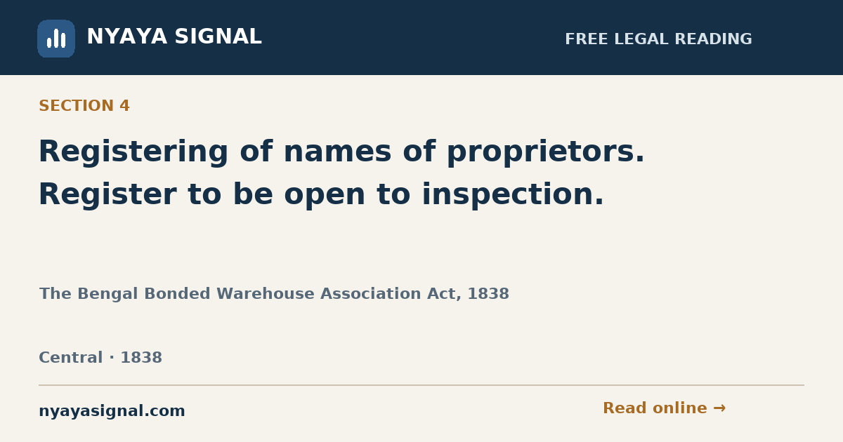 Section 4 — Registering of names of proprietors. Register to be open to inspection. | The Bengal Bonded Warehouse Association Act, 1838 | NYAYA SIGNAL