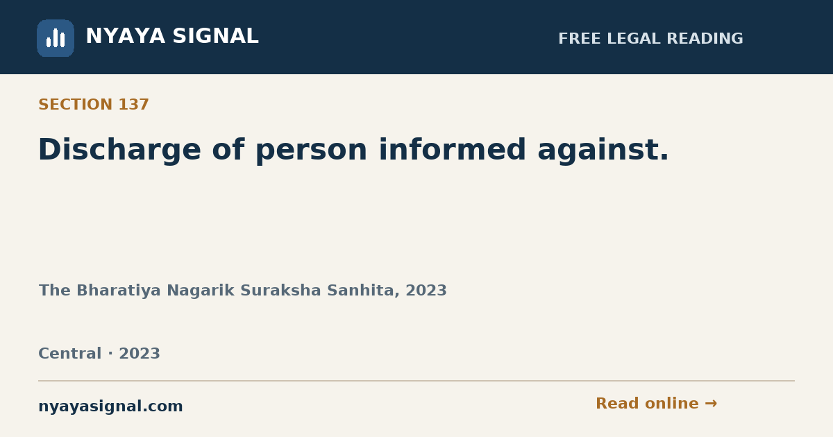 Section 137 — Discharge of person informed against. | The Bharatiya Nagarik Suraksha Sanhita, 2023 | NYAYA SIGNAL