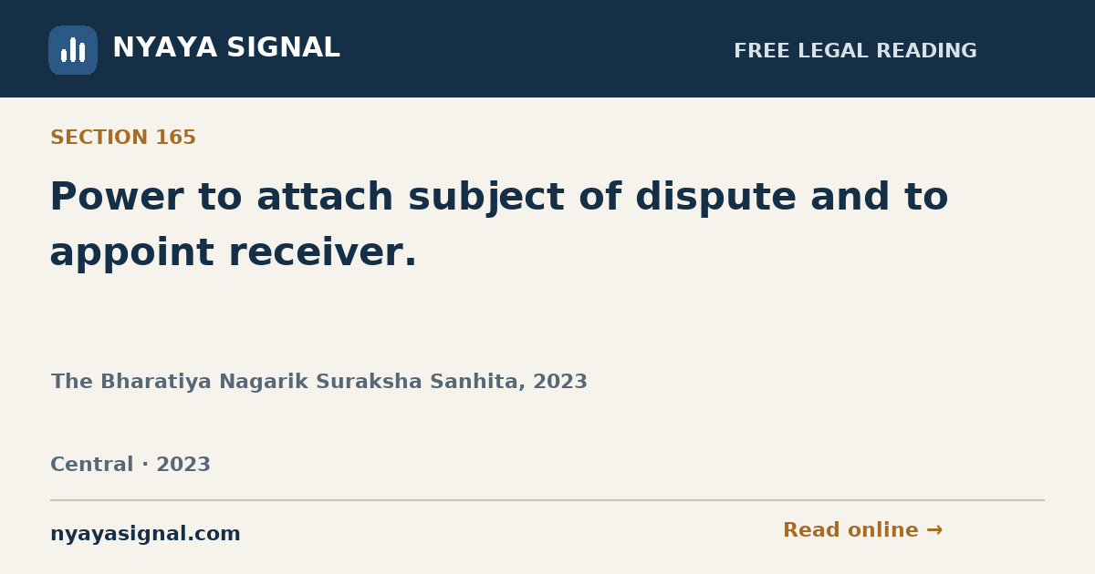Section 165 — Power to attach subject of dispute and to appoint receiver. | The Bharatiya Nagarik Suraksha Sanhita, 2023 | NYAYA SIGNAL