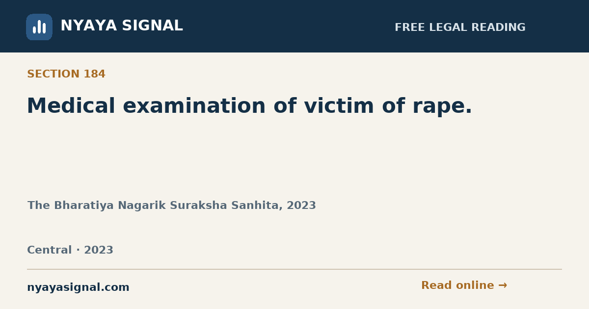 Section 184 — Medical examination of victim of rape. | The Bharatiya Nagarik Suraksha Sanhita, 2023 | NYAYA SIGNAL