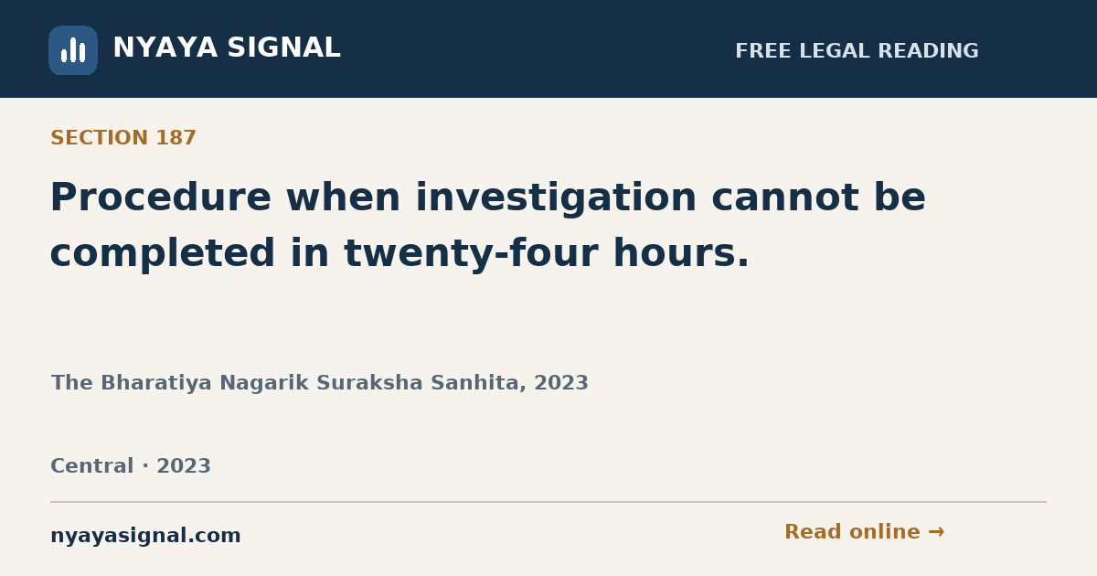 Section 187 — Procedure when investigation cannot be completed in twenty-four hours. | The Bharatiya Nagarik Suraksha Sanhita, 2023 | NYAYA SIGNAL