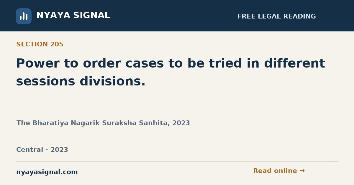 Section 205 — Power to order cases to be tried in different sessions divisions. | The Bharatiya Nagarik Suraksha Sanhita, 2023 | NYAYA SIGNAL