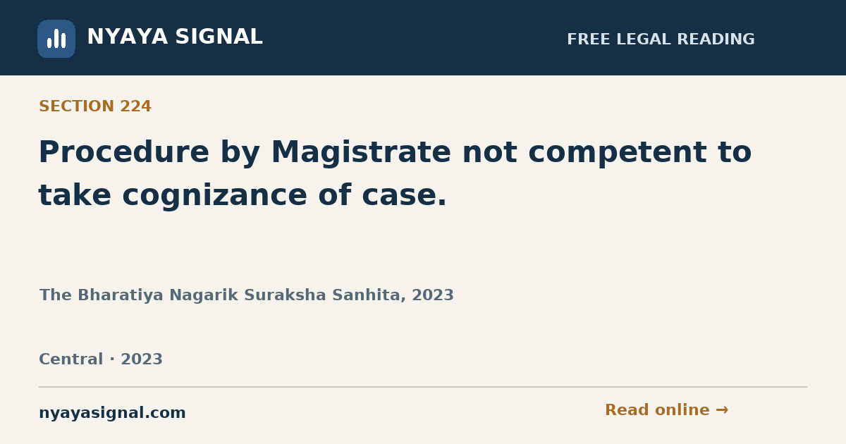 Section 224 — Procedure by Magistrate not competent to take cognizance of case. | The Bharatiya Nagarik Suraksha Sanhita, 2023 | NYAYA SIGNAL