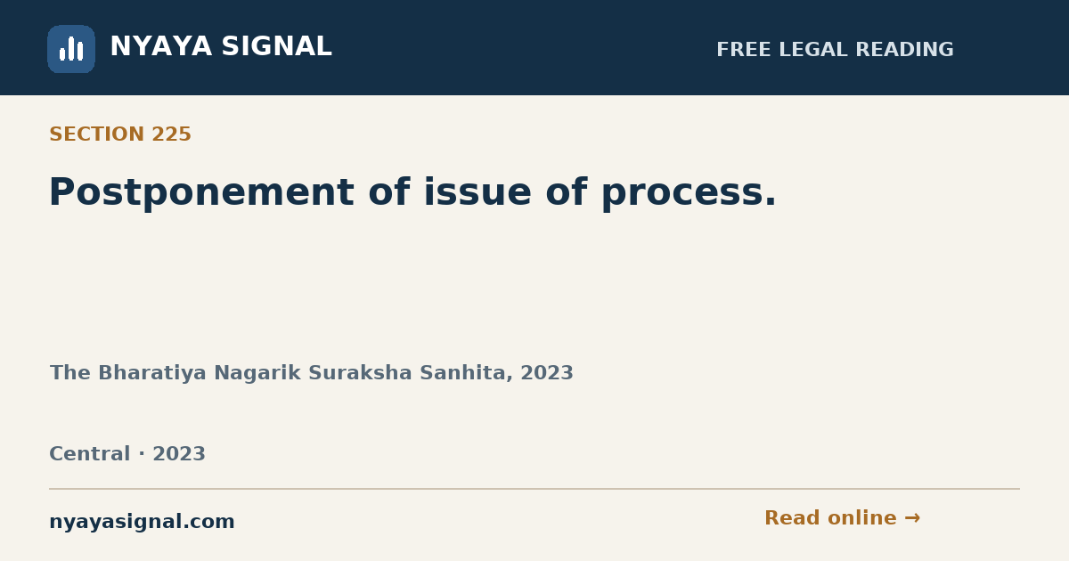 Section 225 — Postponement of issue of process. | The Bharatiya Nagarik Suraksha Sanhita, 2023 | NYAYA SIGNAL