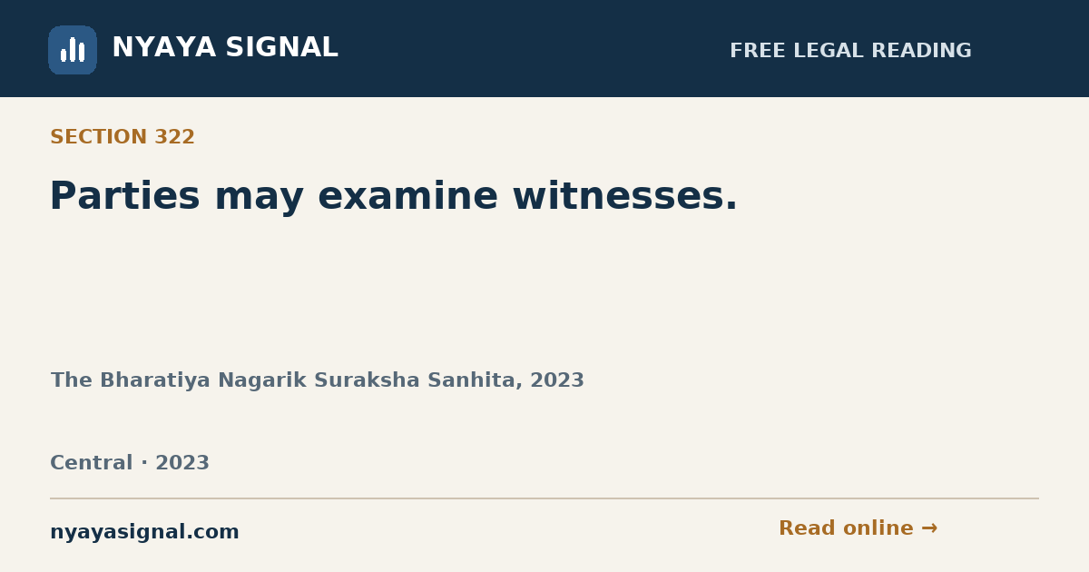 Section 322 — Parties may examine witnesses. | The Bharatiya Nagarik Suraksha Sanhita, 2023 | NYAYA SIGNAL
