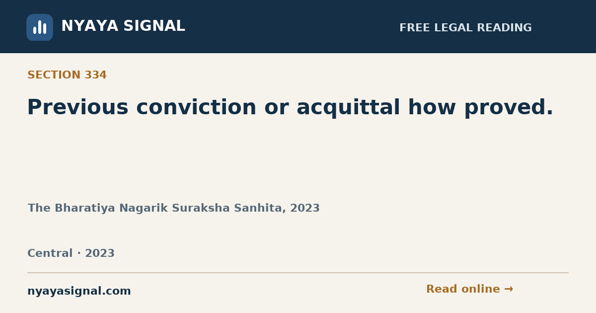 Section 334 — Previous conviction or acquittal how proved. | The Bharatiya Nagarik Suraksha Sanhita, 2023 | NYAYA SIGNAL