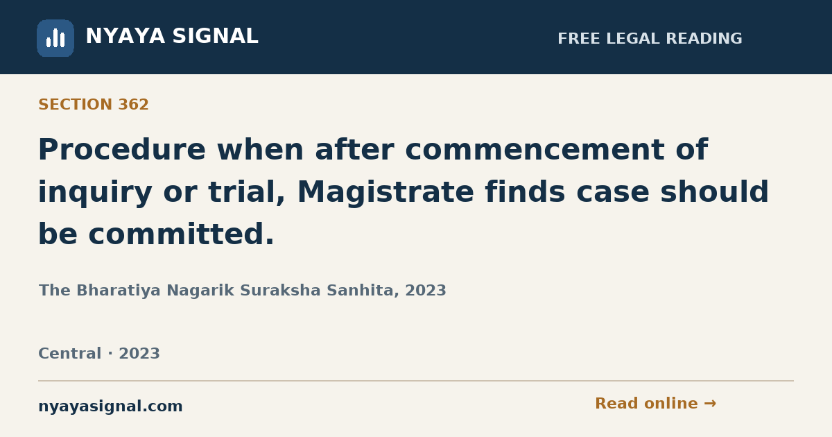 Section 362 — Procedure when after commencement of inquiry or trial, Magistrate finds case should be committed. | The Bharatiya Nagarik Suraksha Sanhita, 2023 | NYAYA SIGNAL