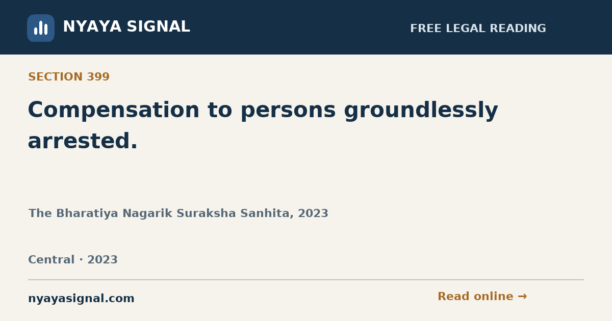 Section 399 — Compensation to persons groundlessly arrested. | The Bharatiya Nagarik Suraksha Sanhita, 2023 | NYAYA SIGNAL