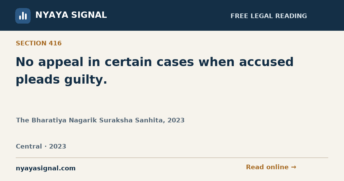 Section 416 — No appeal in certain cases when accused pleads guilty. | The Bharatiya Nagarik Suraksha Sanhita, 2023 | NYAYA SIGNAL