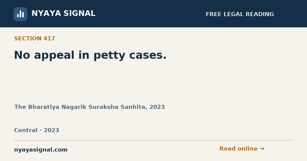 Section 417 — No appeal in petty cases. | The Bharatiya Nagarik Suraksha Sanhita, 2023 | NYAYA SIGNAL