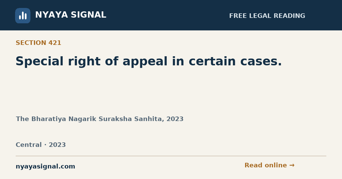 Section 421 — Special right of appeal in certain cases. | The Bharatiya Nagarik Suraksha Sanhita, 2023 | NYAYA SIGNAL