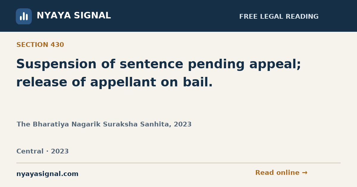 Section 430 — Suspension of sentence pending appeal; release of appellant on bail. | The Bharatiya Nagarik Suraksha Sanhita, 2023 | NYAYA SIGNAL