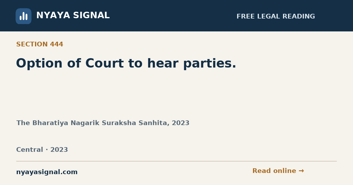 Section 444 — Option of Court to hear parties. | The Bharatiya Nagarik Suraksha Sanhita, 2023 | NYAYA SIGNAL