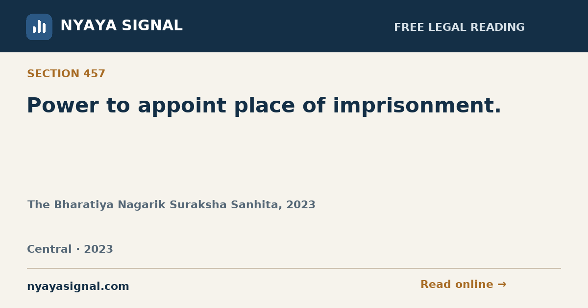 Section 457 — Power to appoint place of imprisonment. | The Bharatiya Nagarik Suraksha Sanhita, 2023 | NYAYA SIGNAL