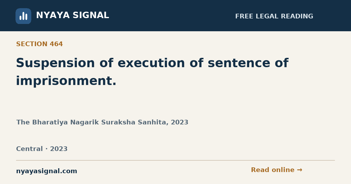 Section 464 — Suspension of execution of sentence of imprisonment. | The Bharatiya Nagarik Suraksha Sanhita, 2023 | NYAYA SIGNAL