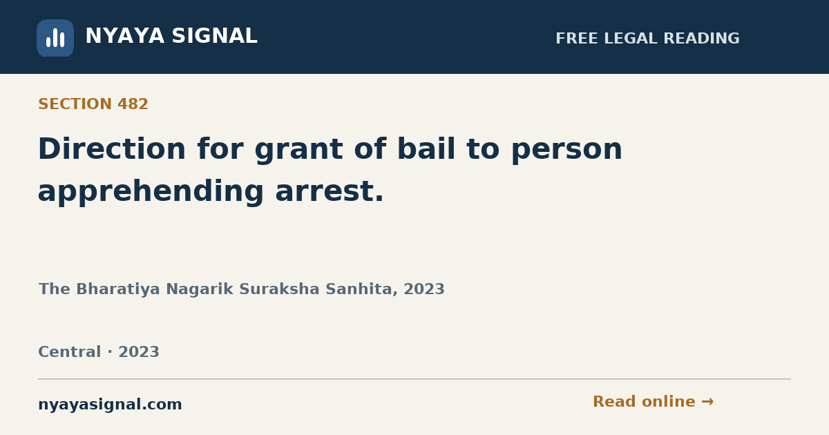 Section 482 — Direction for grant of bail to person apprehending arrest. | The Bharatiya Nagarik Suraksha Sanhita, 2023 | NYAYA SIGNAL